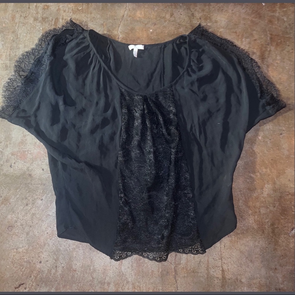 Black 100% silk shirt with eyelash lace details by Joie, size small